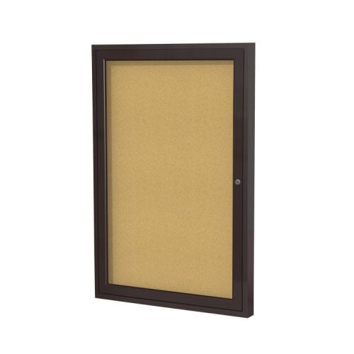 Ghent 24" x 18" 1-Door Enclosed Natural Cork Bulletin Board with Bronze Aluminum Frame