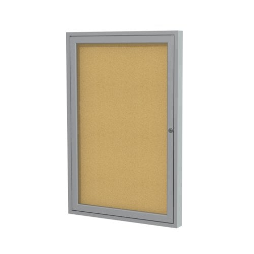 Ghent 24" x 18" 1-Door Enclosed Natural Cork Bulletin Board with Satin Aluminum Frame