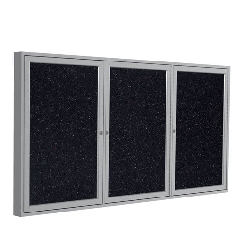 Ghent 3-Door Enclosed Confetti Recycled Rubber Bulletin Boards w/ Satin Aluminum Frame
