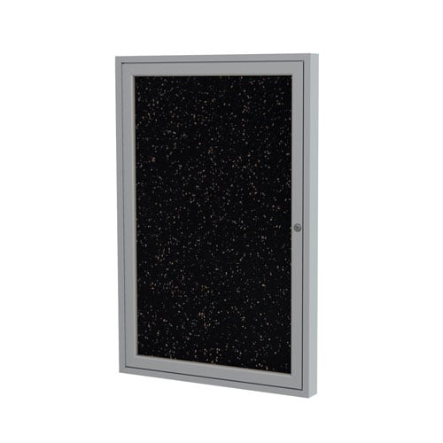 Ghent 36" x 24" 1-Door Enclosed Tan Speckled Recycled Rubber Bulletin Board w/ Satin Aluminum Frame