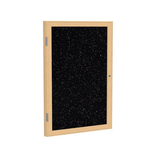 Ghent 36"x30" 1-Door Recycled Rubber Speckled Tackboard w/ Oak Frame