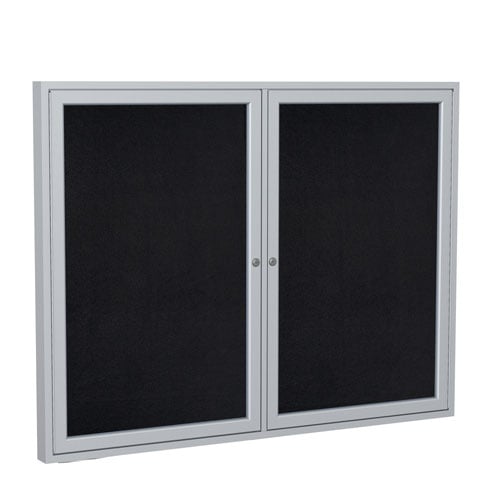 Ghent 36" x 48" 2-Door Enclosed Black Recycled Rubber Bulletin Board w/ Satin Aluminum Frame