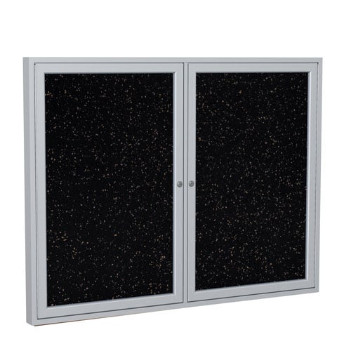 Ghent 36" x 60" 2-Door Enclosed Tan Speckled Recycled Rubber Bulletin Board w/ Satin Aluminum Frame