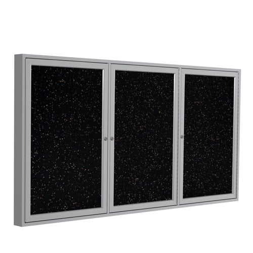 Ghent 36" x 72" 3-Door Enclosed Tan Speckled Recycled Rubber Bulletin Board w/ Satin Aluminum Frame