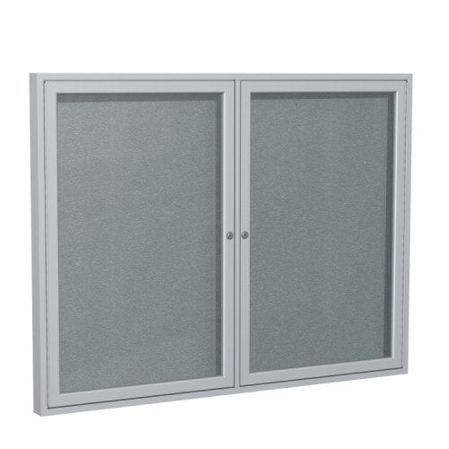 Ghent 36" x 60" 2-Door Stone Vinyl Bulletin Board with Satin Aluminum Frame
