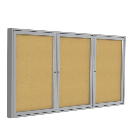Ghent 3-Door Enclosed Natural Cork Bulletin Boards with Satin Aluminum Frame