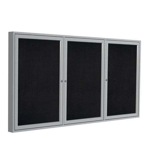 Ghent 48" x 72" 3-Door Enclosed Black Recycled Rubber Bulletin Board w/ Satin Aluminum Frame