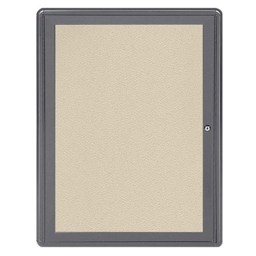 Ghent Ovation 34" x 24" 1-Door Indoor Enclosed Beige Fabric Bulletin Board with Gray Frame
