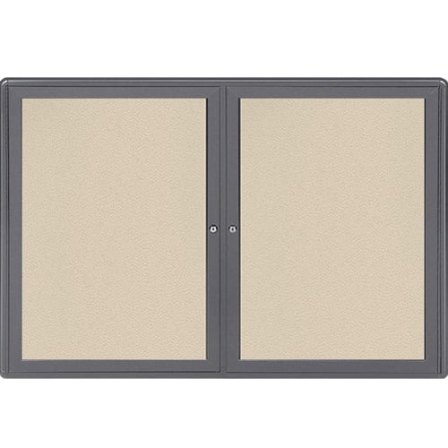 Ghent Ovation 34" x 47" 2-Door Indoor Enclosed Beige Fabric Bulletin Board with Gray Frame