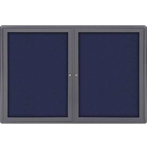 Ghent Ovation 34" x 47" 2-Door Indoor Enclosed Blue Fabric Bulletin Board with Gray Frame