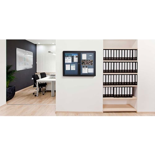 Ghent Ovation 34" x 47" 2-Door Indoor Enclosed Blue Fabric Bulletin Board with Gray Frame