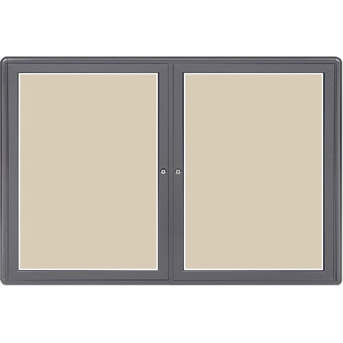 Ghent Ovation 36" x 60" 2-Door Indoor Enclosed Beige Fabric Bulletin Board with Gray Frame