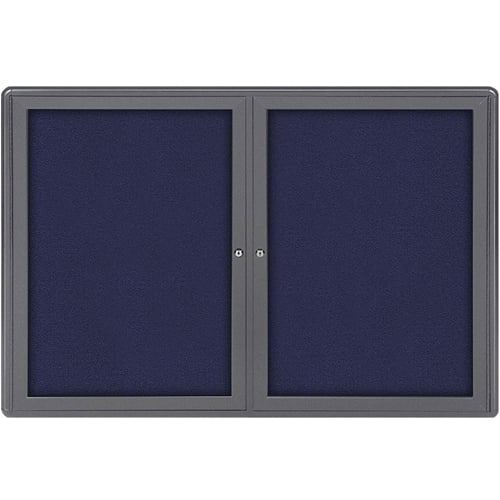 Ghent Ovation 36" x 60" 2-Door Indoor Enclosed Blue Fabric Bulletin Board with Gray Frame