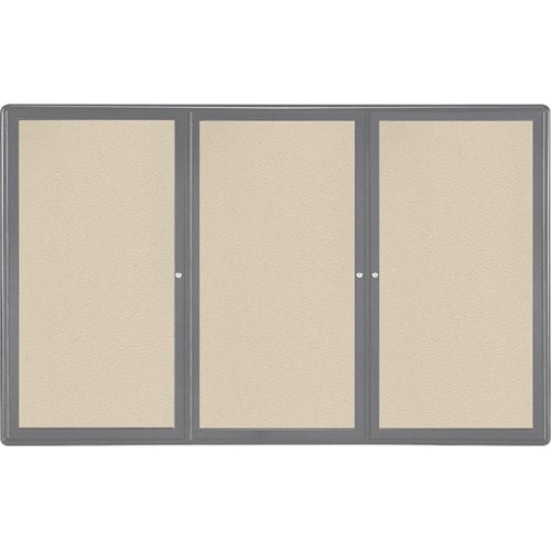 Ghent Ovation 48" x 72" 3-Door Indoor Enclosed Beige Fabric Bulletin Board with Gray Frame