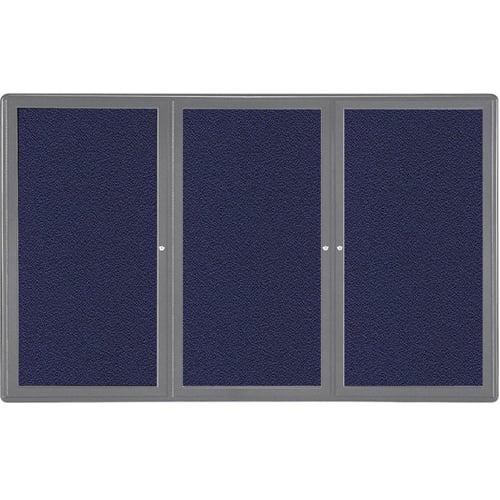 Ghent Ovation 48" x 72" 3-Door Indoor Enclosed Blue Fabric Bulletin Board with Gray Frame
