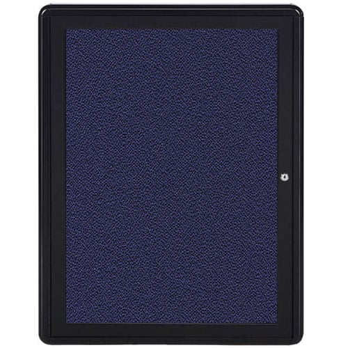 Ghent Ovation 34" x 24" 1-Door Indoor Enclosed Blue Fabric Bulletin Board with Gray Frame
