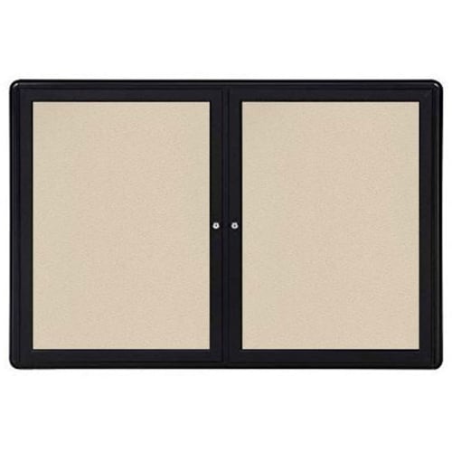 Ghent Ovation 34" x 47" 2-Door Indoor Enclosed Beige Fabric Bulletin Board with Black Frame