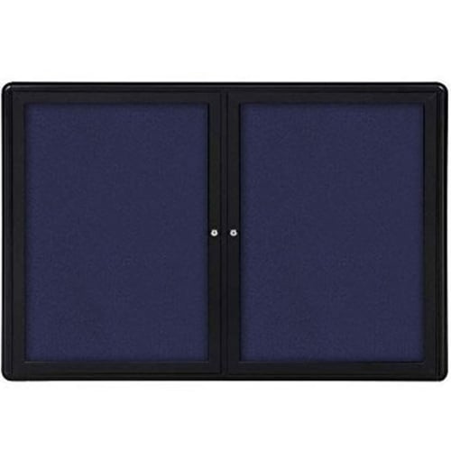 Ghent Ovation 34" x 47" 2-Door Indoor Enclosed Blue Fabric Bulletin Board with Black Frame
