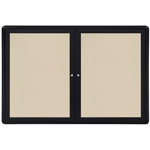 Ghent Ovation 36" x 60" 2-Door Indoor Enclosed Beige Fabric Bulletin Board with Black Frame