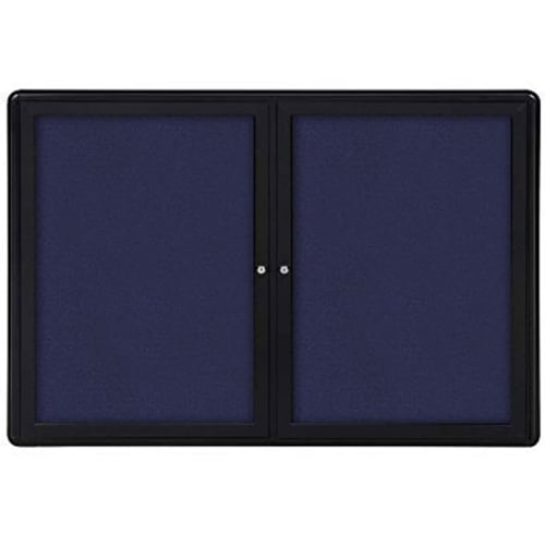 Ghent Ovation 36" x 60" 2-Door Indoor Enclosed Blue Fabric Bulletin Board with Black Frame