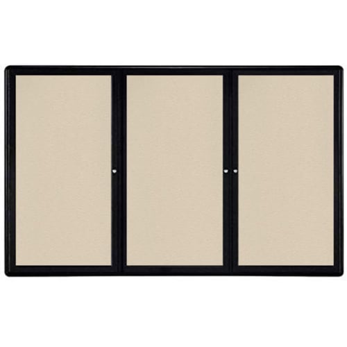 Ghent Ovation 48" x 72" 3-Door Indoor Enclosed Beige Fabric Bulletin Board with Black Frame
