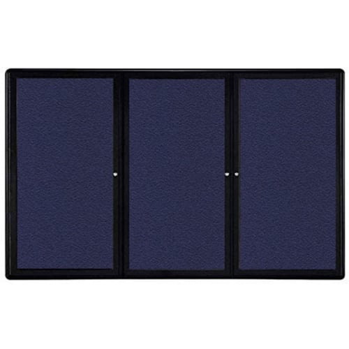 Ghent Ovation 48" x 72" 3-Door Indoor Enclosed Blue Fabric Bulletin Board with Black Frame