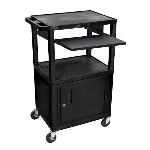 H. Wilson 42" High Tuffy Utility A/V Cart with Cabinet and Pullout Shelf (3-Shelf Black Legs)