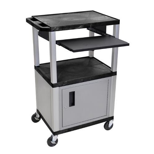 H. Wilson 42" High Tuffy Utility A/V Cart with Cabinet and Pullout Shelf (3-Shelf Nickel Legs)