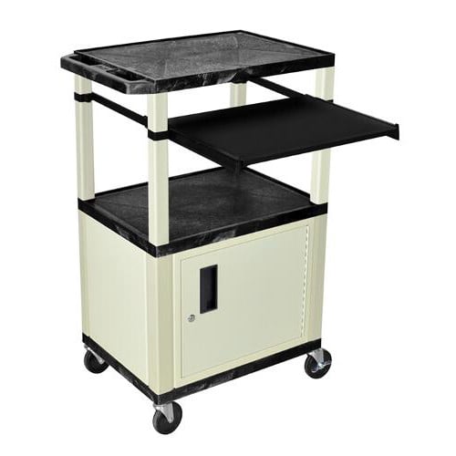 H. Wilson 42" High Black Tuffy Utility A/V Cart with Cabinet and Pullout Shelf (3-Shelf Putty Legs)