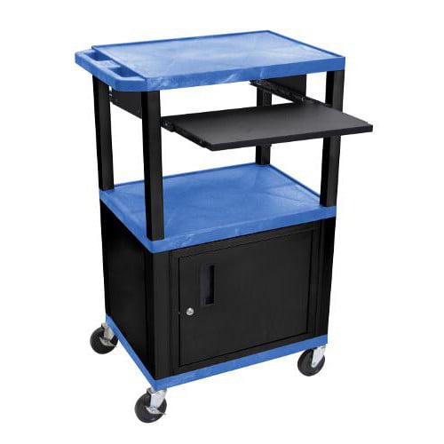 H. Wilson 42" High Blue Tuffy Utility A/V Cart with Cabinet and Pullout Shelf (3-Shelf Black Legs)