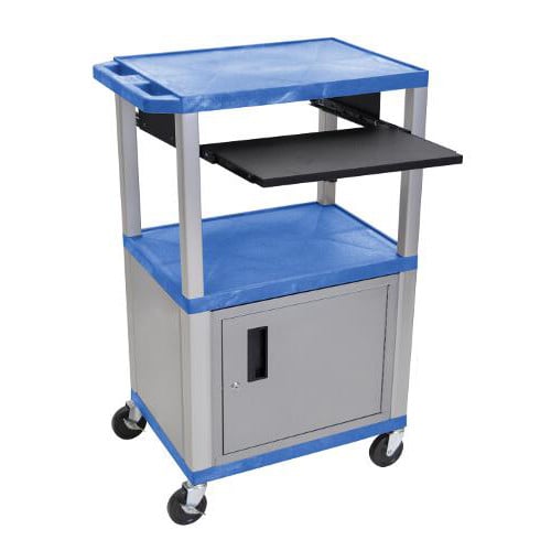 H. Wilson 42" High Blue Tuffy Utility A/V Cart with Cabinet and Pullout Shelf (3-Shelf Nickel Legs)