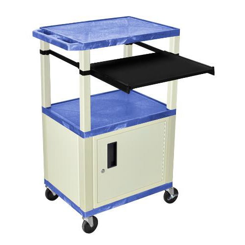 H. Wilson 42" High Blue Tuffy Utility A/V Cart with Cabinet and Pullout Shelf (3-Shelf Putty Legs)
