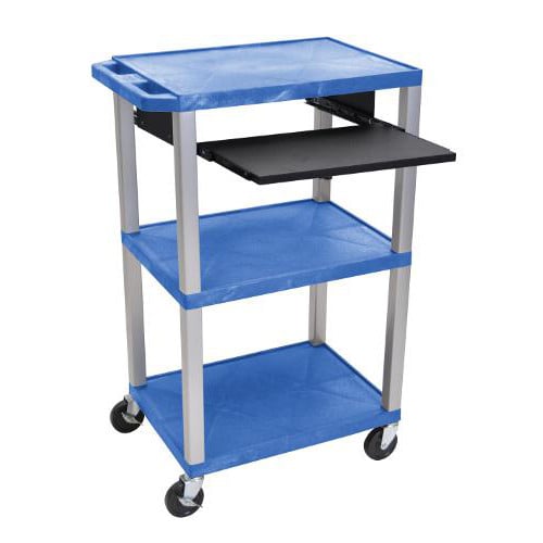 H. Wilson 42" High Blue Tuffy Utility A/V Cart with Pullout Shelf (3-Shelf Nickel Legs)