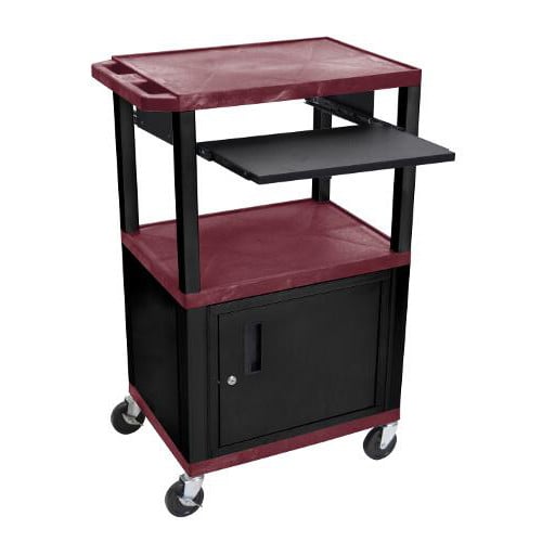 H. Wilson 42" High Burgundy Tuffy Utility A/V Cart with Cabinet and Pullout Shelf (3-Shelf Black Legs)