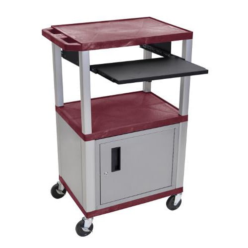 H. Wilson 42" High Burgundy Tuffy Utility A/V Cart with Cabinet and Pullout Shelf (3-Shelf Nickel Legs)