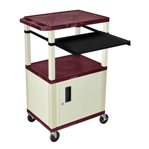 H. Wilson 42" High Burgundy Tuffy Utility A/V Cart with Cabinet and Pullout Shelf (3-Shelf Putty Legs)