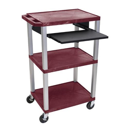 H. Wilson 42" High Burgundy Tuffy Utility A/V Cart with Pullout Shelf (3-Shelf Nickel Legs)