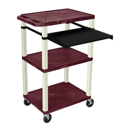 H. Wilson 42" High Burgundy Tuffy Utility A/V Cart with Pullout Shelf (3-Shelf Putty Legs)