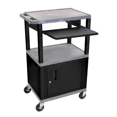H. Wilson 42" High Tuffy Utility A/V Cart with Cabinet and Pullout Shelf (3-Shelf Black Legs)