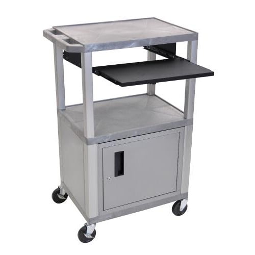 H. Wilson 42" High Tuffy Utility A/V Cart with Cabinet and Pullout Shelf (3-Shelf Nickel Legs)