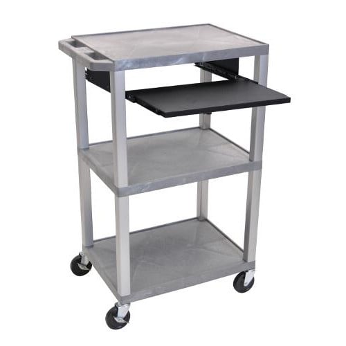 H. Wilson 42" High Gray Tuffy Utility A/V Cart with Pullout Shelf (3-Shelf Nickel Legs)