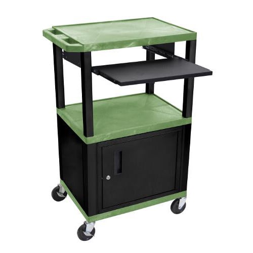 H. Wilson 42" High Green Tuffy Utility A/V Cart with Cabinet and Pullout Shelf (3-Shelf Black Legs)