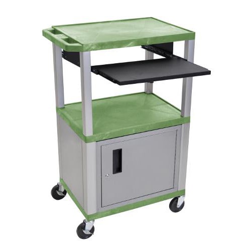 H. Wilson 42" High Tuffy Utility A/V Cart with Cabinet and Pullout Shelf (3-Shelf Nickel Legs)