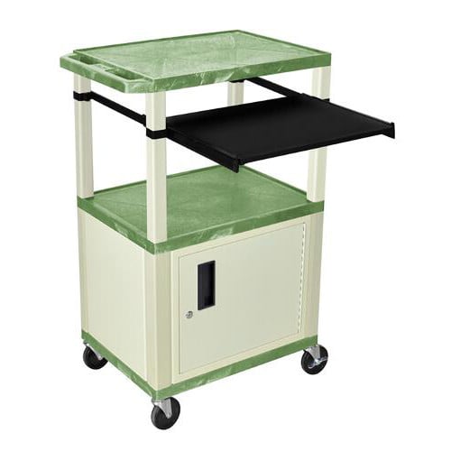H. Wilson 42" High Green Tuffy Utility A/V Cart with Cabinet and Pullout Shelf (3-Shelf Putty Legs)