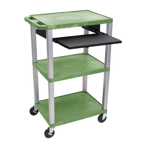 H. Wilson 42" High Green Tuffy Utility A/V Cart with Pullout Shelf (3-Shelf Nickel Legs)