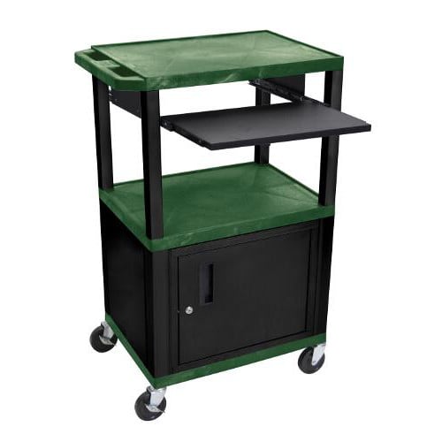 H. Wilson 42" High Hunter Green Tuffy Utility A/V Cart with Cabinet and Pullout Shelf (3-Shelf Black Legs)