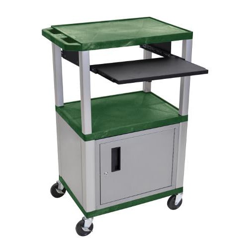 H. Wilson 42" High Tuffy Utility A/V Cart with Cabinet and Pullout Shelf (3-Shelf Nickel Legs)