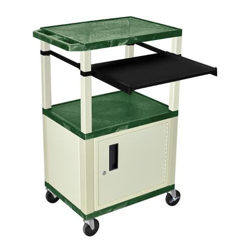 H. Wilson 42" High Hunter Green Tuffy Utility A/V Cart with Cabinet and Pullout Shelf (3-Shelf Putty Legs)