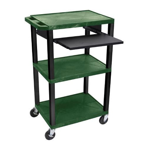 H. Wilson 42" High Hunter Green Tuffy Utility A/V Cart with Pullout Shelf (3-Shelf Black Legs)