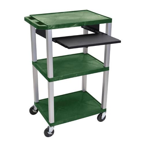 H. Wilson 42" High Hunter Green Tuffy Utility A/V Cart with Pullout Shelf (3-Shelf Nickel Legs)